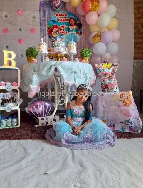 Mermaid princess costume dress for girls ages 2-10, featuring colorful, shiny fabric, suitable for parties and cosplay by Showlu Fashion.