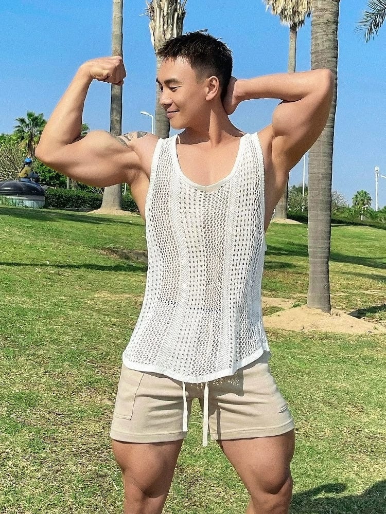 Men's breathable muscle tank top by Mr. Hui, loose fit sports vest with cut-out design and large slits for fitness and summer wear.