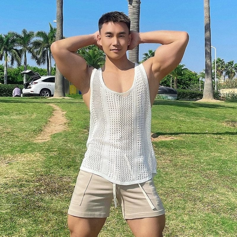 Mr. Hui men's cut-out sports vest, loose breathable muscle tank top with large slits, designed for fitness and summer wear.