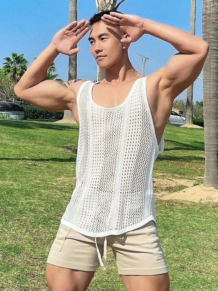 Mr. Hui men's breathable sports vest with large side slits, sleeveless muscle tank top, ideal for fitness and summer workouts.