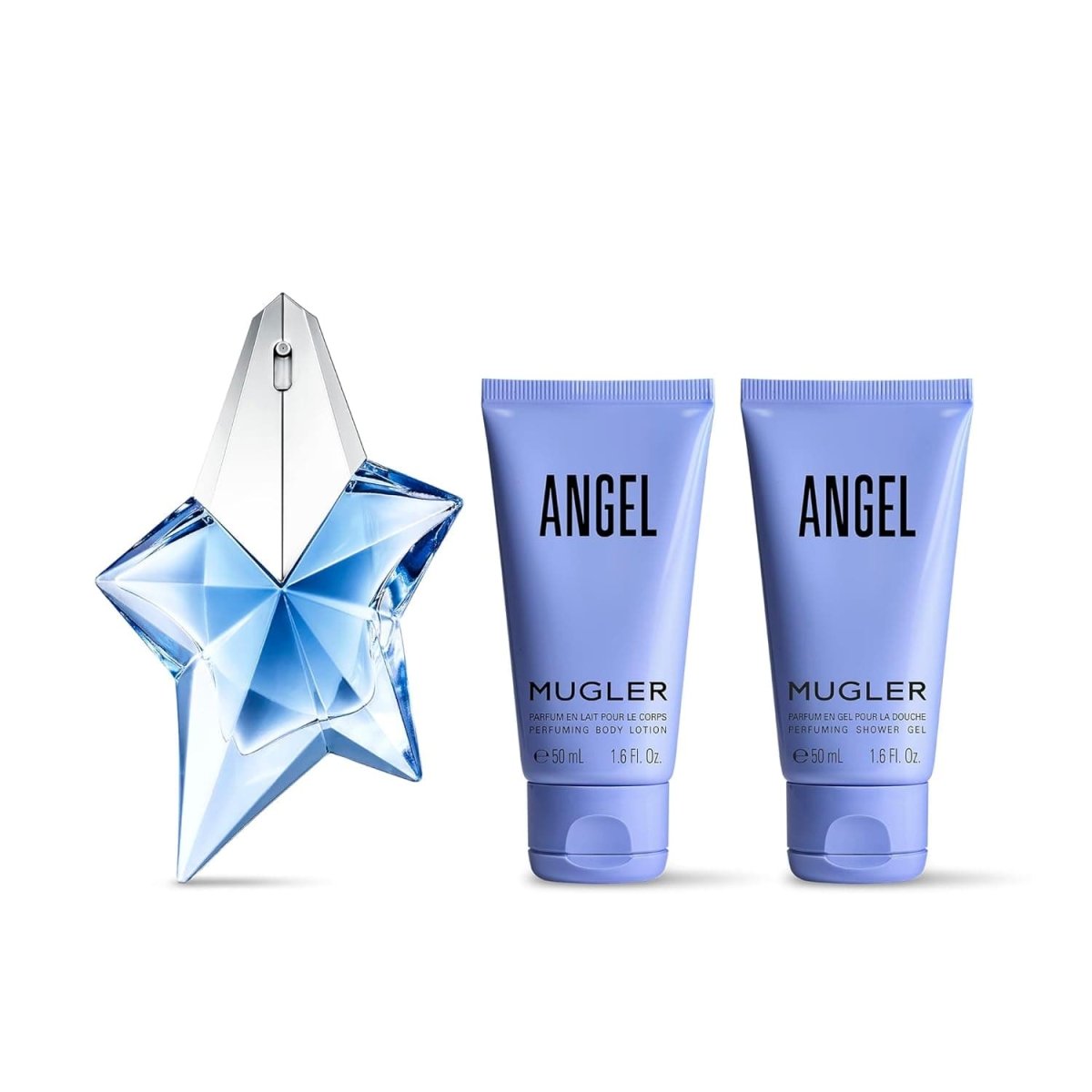 MUGLER Angel 3-piece fragrance gift set with amber, woody perfume, lotion, and shower gel, featuring bergamot, praline, and patchouli.