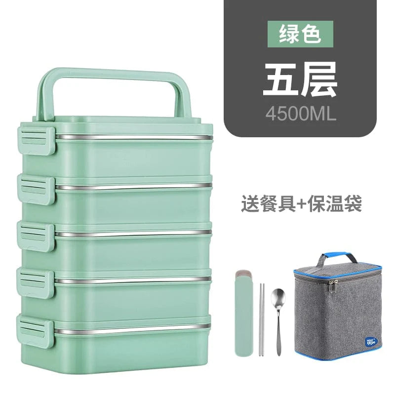 Showlu Multi-Layer Stainless Steel Insulated Lunch Box with double-deck design, featuring multiple compartments for food storage.