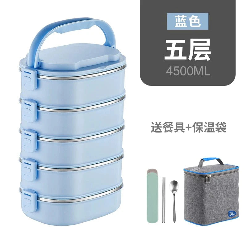 Multi-layer stainless steel insulated lunch box with double-deck design, ideal for keeping meals fresh and organized.