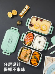 A multi-layer stainless steel lunch box with separate compartments for organized meals.