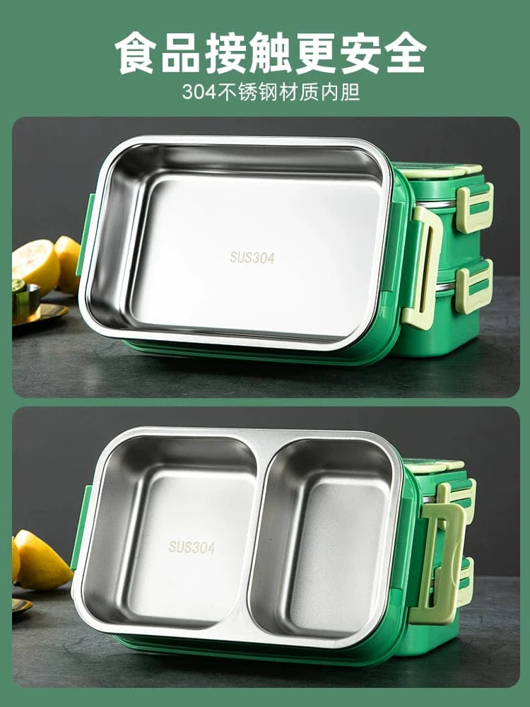Showlu Multi-Layer Stainless Steel Insulated Lunch Box with double-deck design, featuring multiple compartments for hot and cold food.