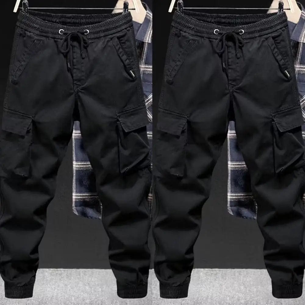 Multi - pocket Overalls Men's Drawstring Cargo Pants with Elastic Waist Multi Pockets Soft Breathable Fabric Streetwear for Daily - SHOWLU FASHION STORE