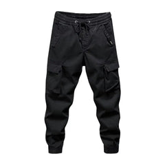 Multi - pocket Overalls Men's Drawstring Cargo Pants with Elastic Waist Multi Pockets Soft Breathable Fabric Streetwear for Daily - SHOWLU FASHION STORE