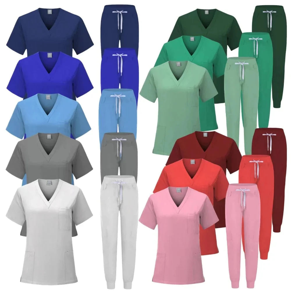 Multicolor women's scrubs set by SHOWLU FASHION STORE, medical nursing uniform with solid colors for healthcare and beauty professionals.