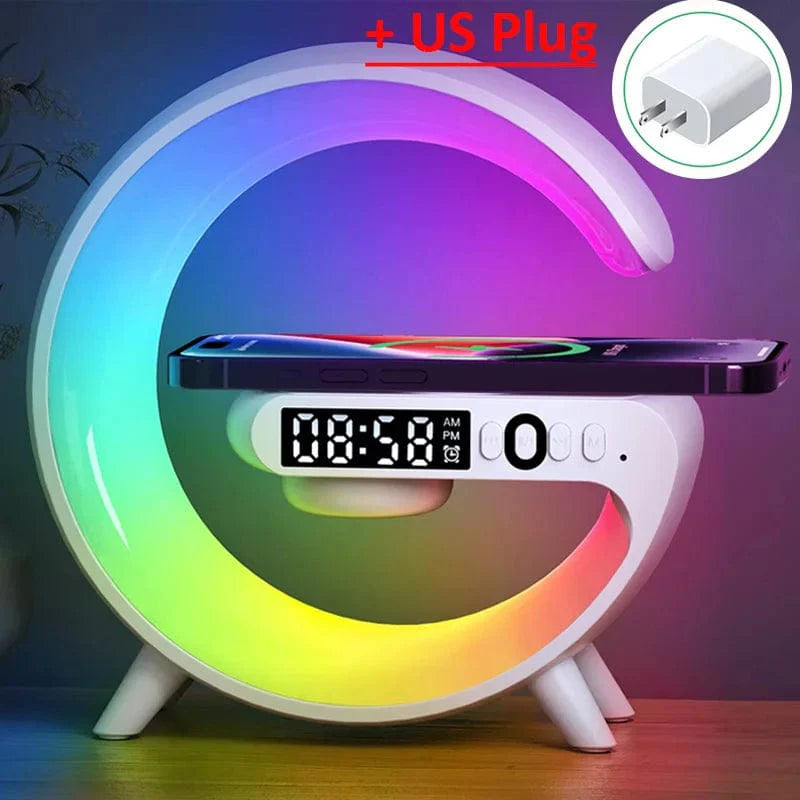 VIKEFON 15W wireless charger station with RGB night light and Bluetooth speaker, compatible with iPhone, Samsung, Xiaomi, Huawei.