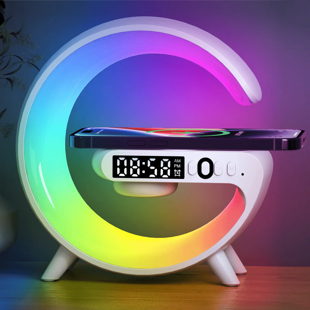 VIKEFON 15W wireless charger station with RGB night light and Bluetooth speaker, compatible with iPhone, Samsung, Xiaomi, Huawei devices.