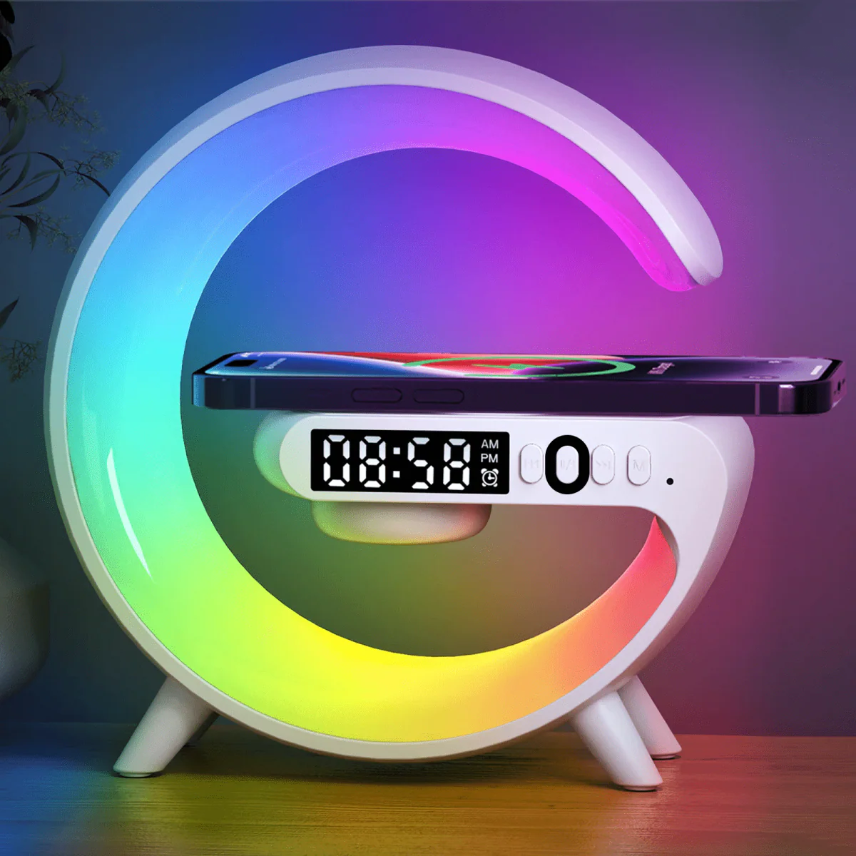 VIKEFON 15W wireless charger station with RGB night light and Bluetooth speaker, compatible with iPhone, Samsung, Xiaomi, Huawei devices.
