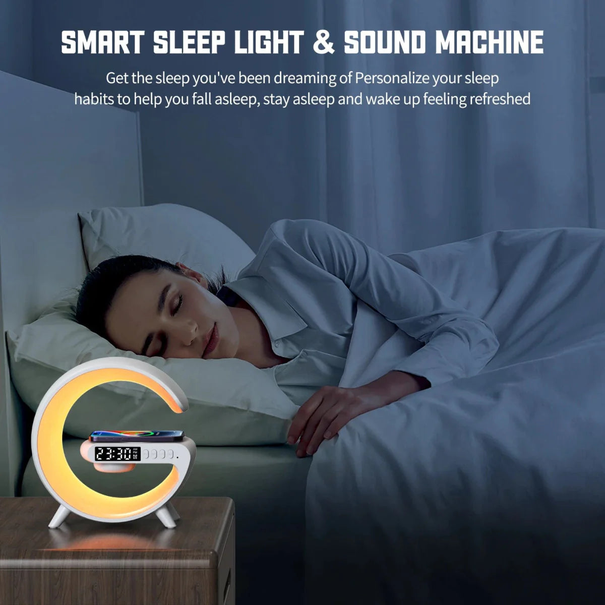 VIKEFON 15W wireless charger station with RGB night light and Bluetooth speaker, compatible with iPhone, Samsung, Xiaomi, and Huawei.