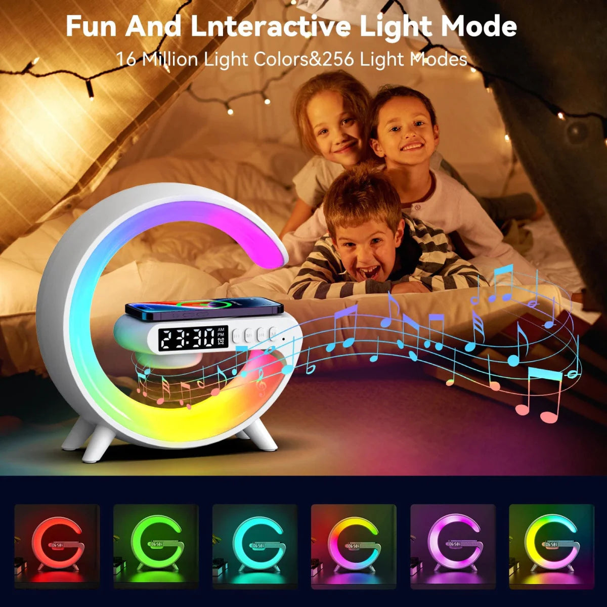 VIKEFON 15W wireless charging station with RGB night light and Bluetooth speaker, compatible with iPhone, Samsung, Xiaomi, Huawei.