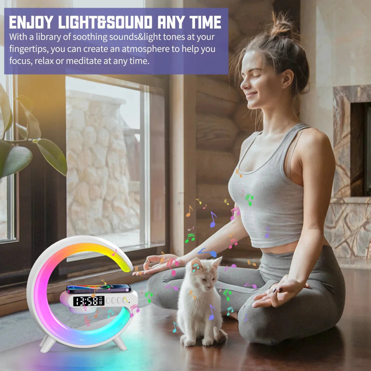 VIKEFON 15W wireless charger station with RGB night light and Bluetooth speaker, compatible with iPhone, Samsung, Xiaomi, Huawei.