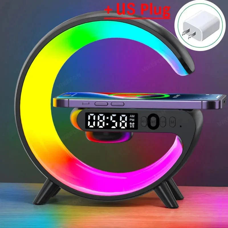 VIKEFON 15W wireless charging station with RGB night light and Bluetooth speaker, compatible with iPhone, Samsung, Xiaomi, Huawei