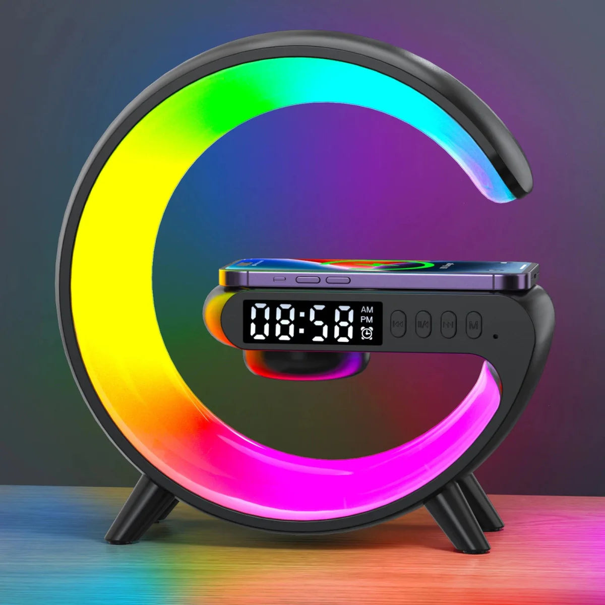 VIKEFON 15W wireless charger station with RGB night light and Bluetooth speaker showing the charging pad and light features.