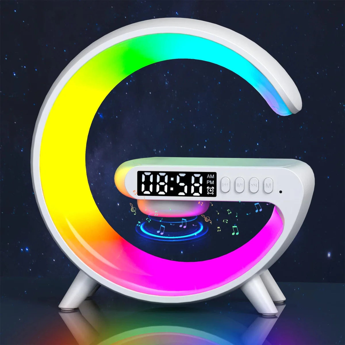 VIKEFON 15W wireless charger station with RGB night light and Bluetooth speaker, compatible with iPhone, Samsung, Xiaomi, Huawei.