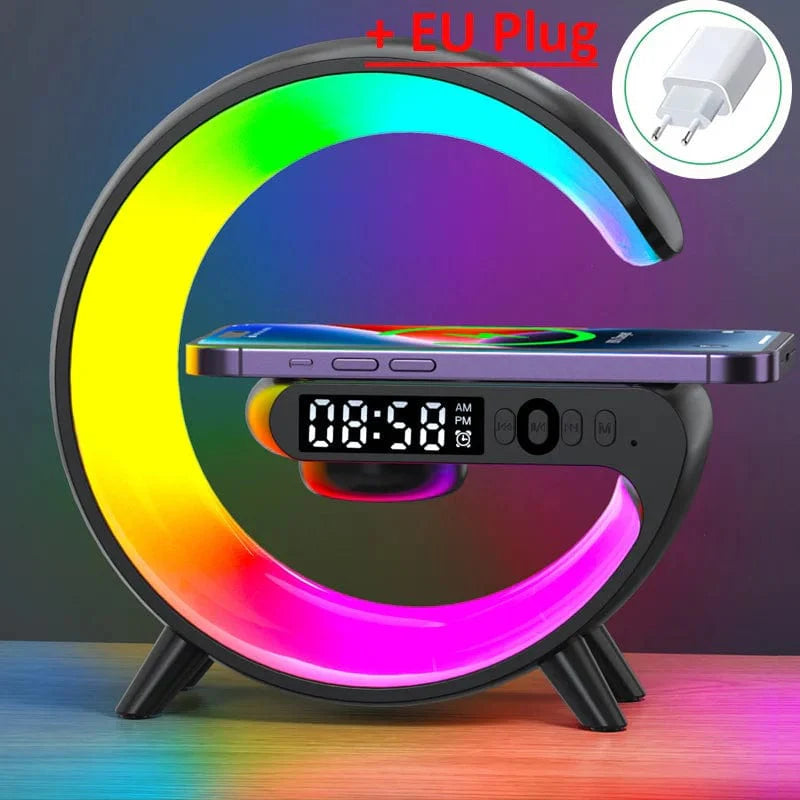 VIKEFON 15W wireless charger station with RGB night light and Bluetooth speaker, compatible with iPhone, Samsung, Xiaomi, Huawei