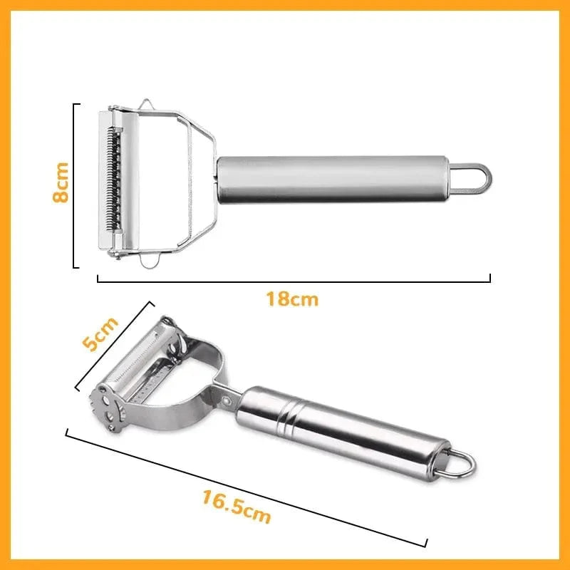 Stainless steel vegetable peeler by Showlu Fashion Store with a ergonomic handle, used for peeling potatoes, carrots, and shredding vegetables.