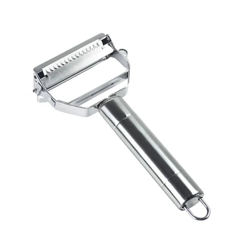 Stainless steel vegetable peeler from Kitchya, shown slicing a carrot, featuring a durable design for peeling potatoes and shredding vegetables.