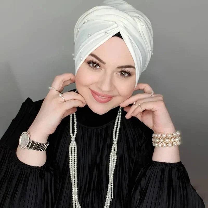 Pearl white Motive Force Modal hijab undercap by Showlu Fashion, slim fit jersey turban for Muslim women, headscarf or abaya accessory.