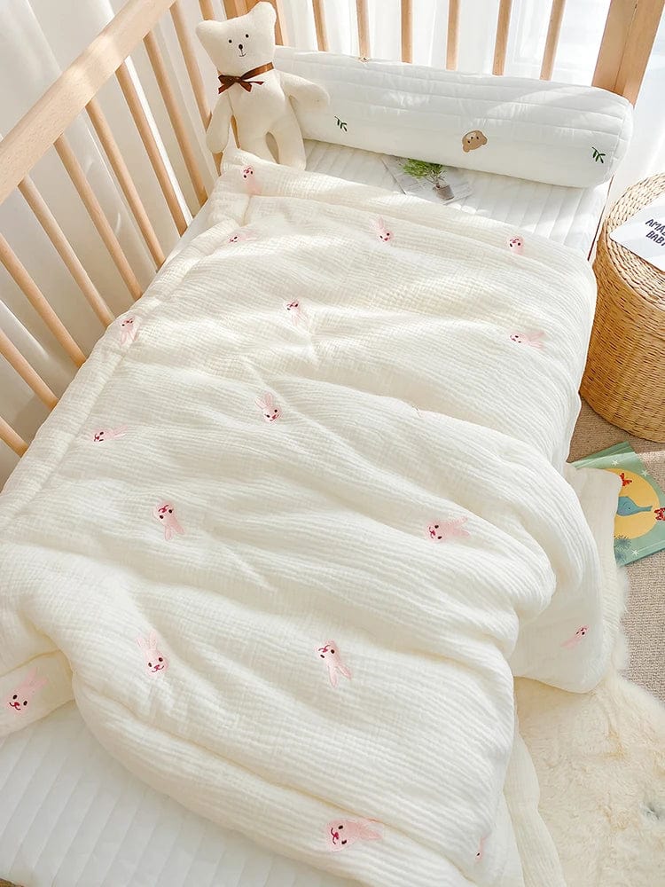 Showlu Muslin Baby Blanket with bear and bunny print, 100% cotton swaddle wrap for newborns and infants.