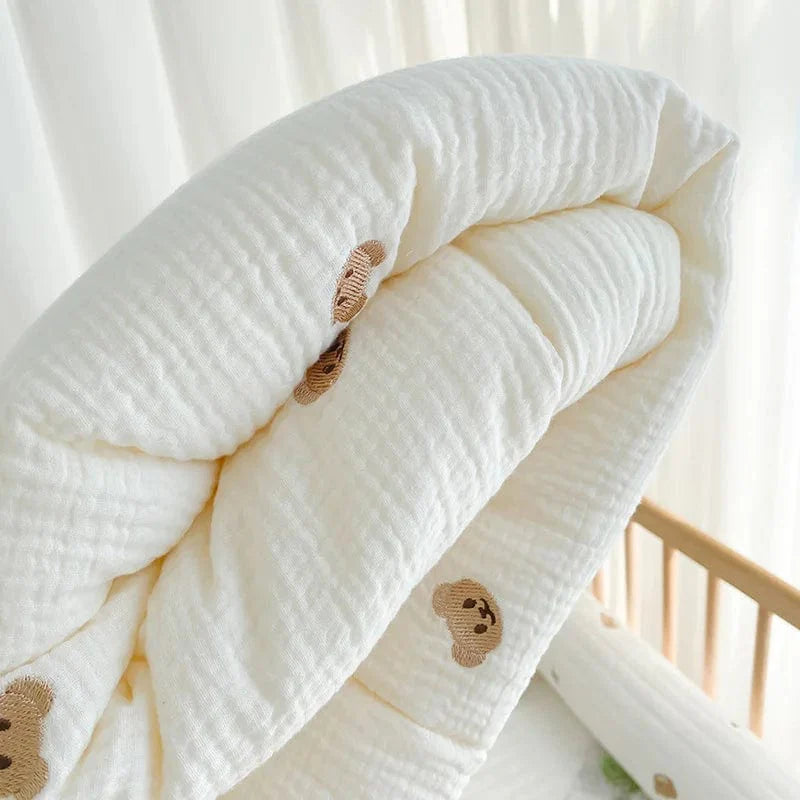 Showlu Muslin Baby Blanket with bear and bunny prints, 100% cotton swaddle wrap for newborns, soft and warm crib bedding accessory.