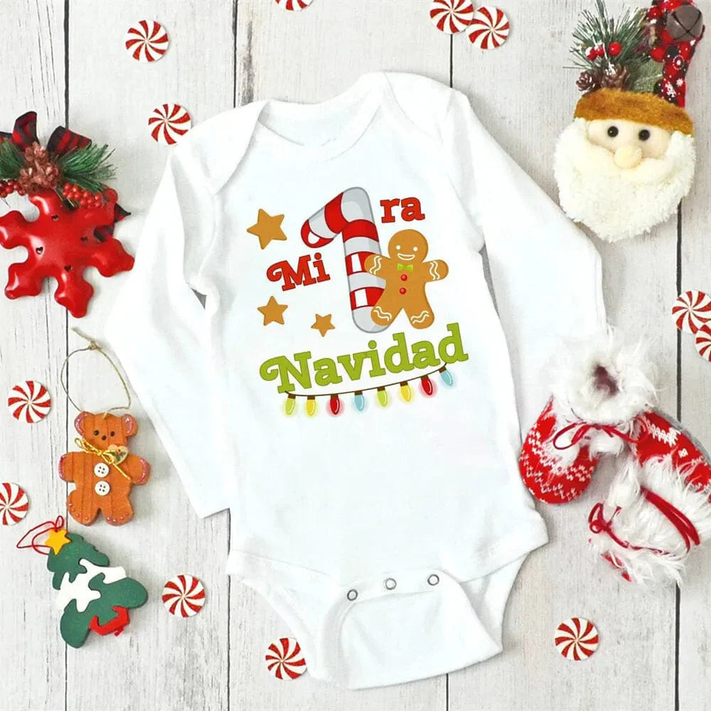 Unisex Meniscounter My First Christmas baby bodysuit with festive design, suitable for newborns and first Christmas celebrations.