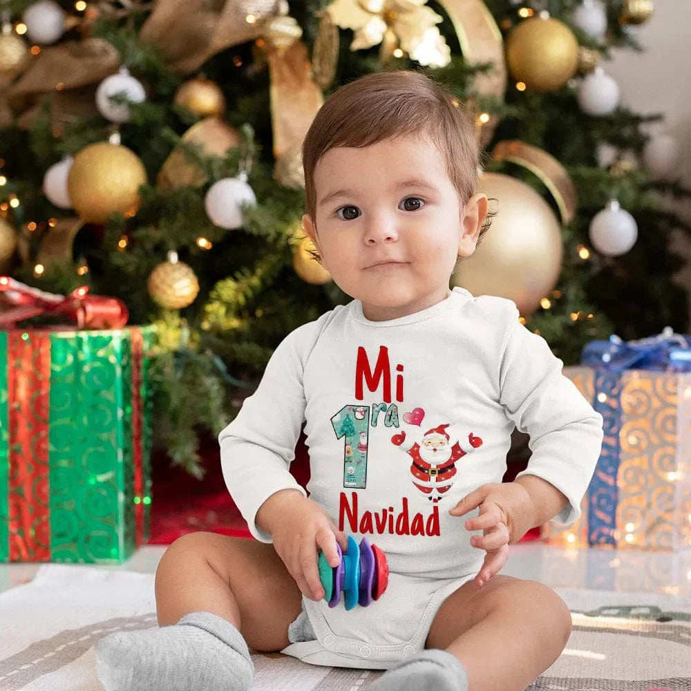 Showlu Fashion Store Meniscounter My First Christmas baby bodysuit, unisex Christmas romper with festive design for newborns and infants.
