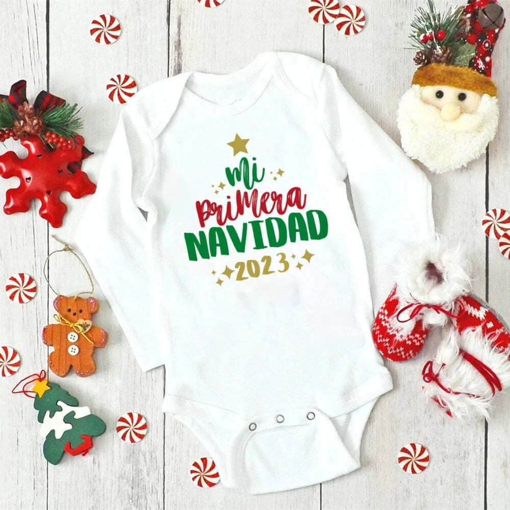Unisex Meniscounter My First Christmas baby bodysuit with festive design, perfect for newborns celebrating their first Christmas.