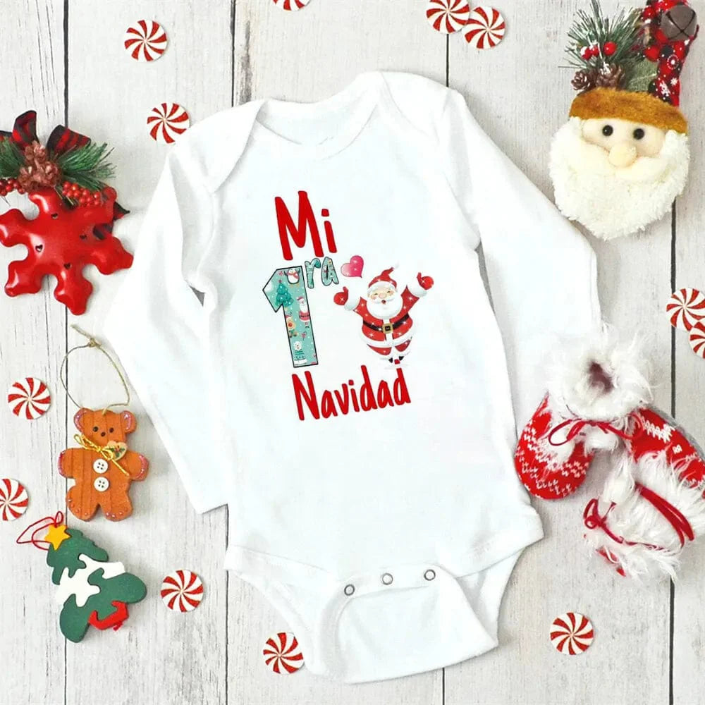 Unisex Meniscounter My First Christmas baby bodysuit with festive print, ideal for newborns celebrating their first Christmas.