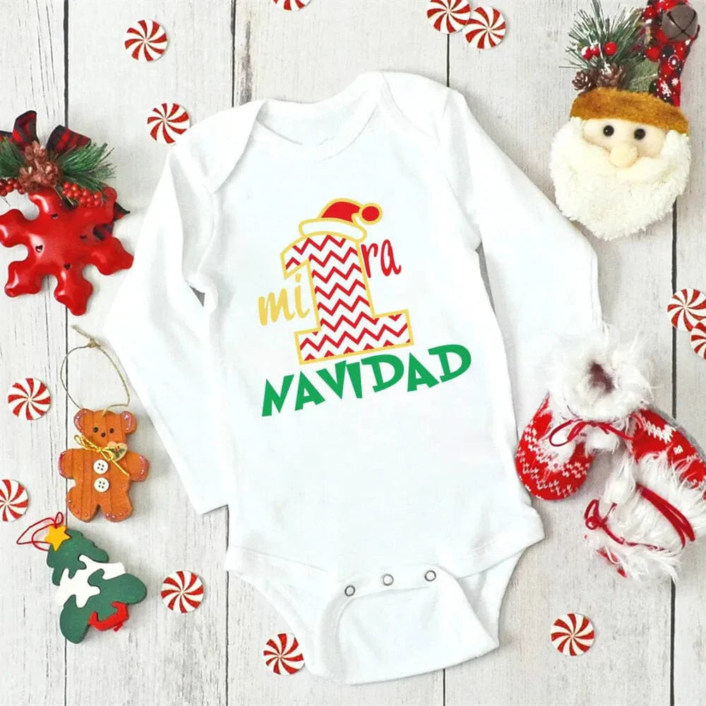 Unisex Meniscounter My First Christmas baby bodysuit with festive design, perfect for newborns celebrating their first Christmas.