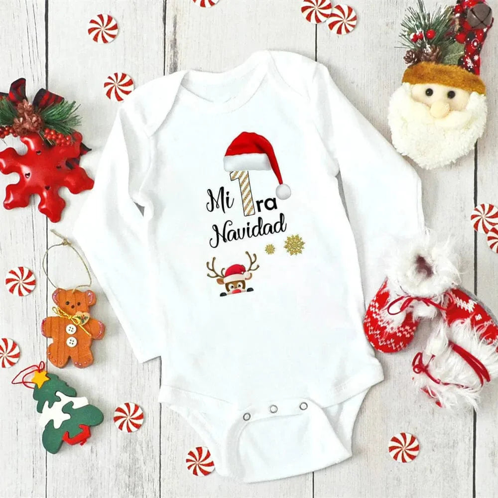 Unisex Meniscounter My First Christmas baby bodysuit with festive design, perfect for newborns celebrating their first Christmas.
