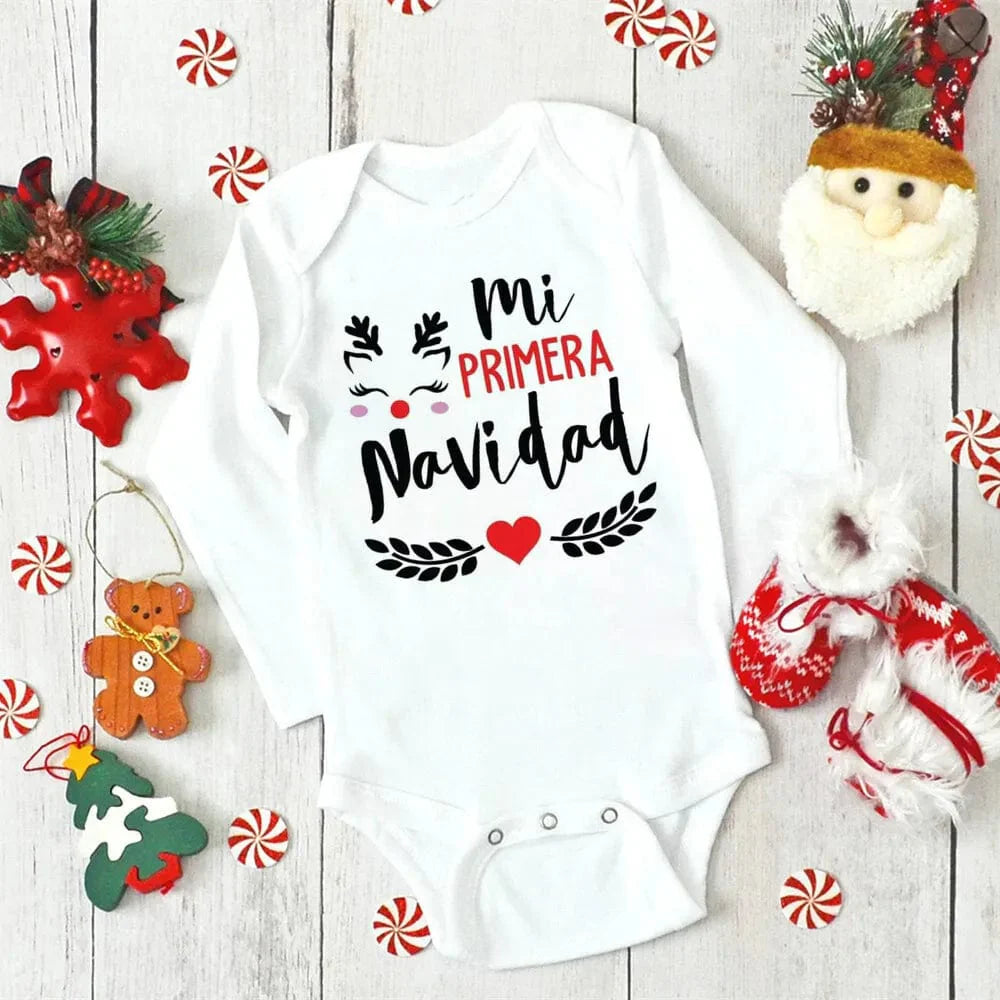 Unisex Meniscounter My First Christmas baby bodysuit with festive holiday design, perfect for newborns' first Christmas celebrations.