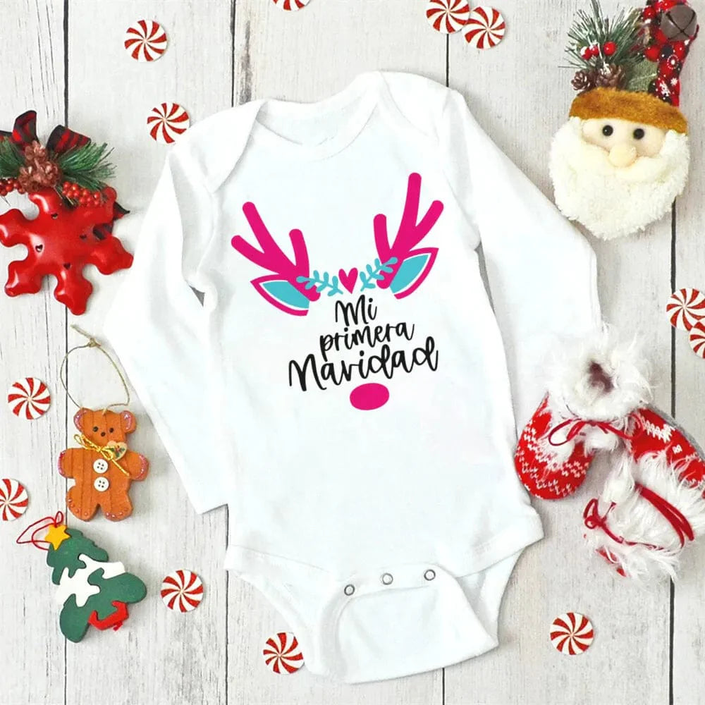 Unisex Meniscounter My First Christmas baby bodysuit with festive holiday print, suitable for newborns and first Christmas celebrations.