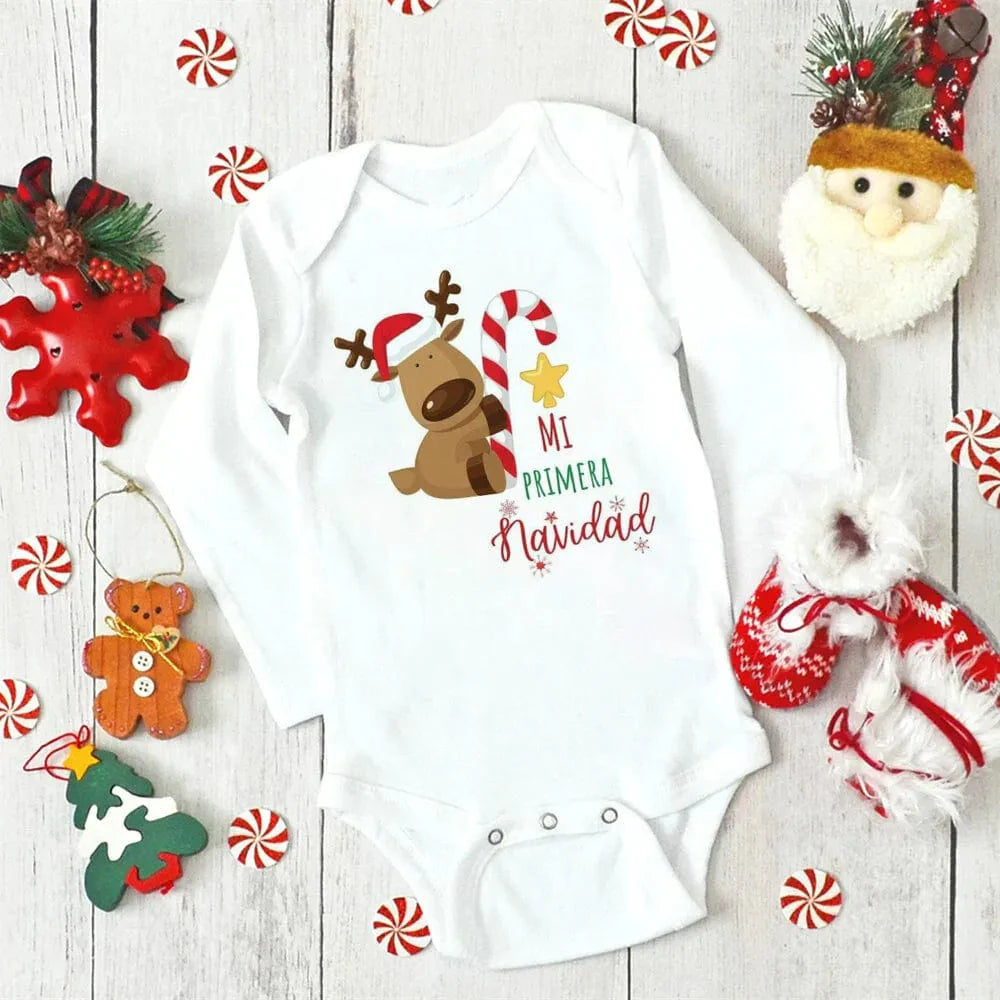 Unisex Meniscounter My First Christmas baby bodysuit with festive design, perfect for newborns celebrating their first Christmas.