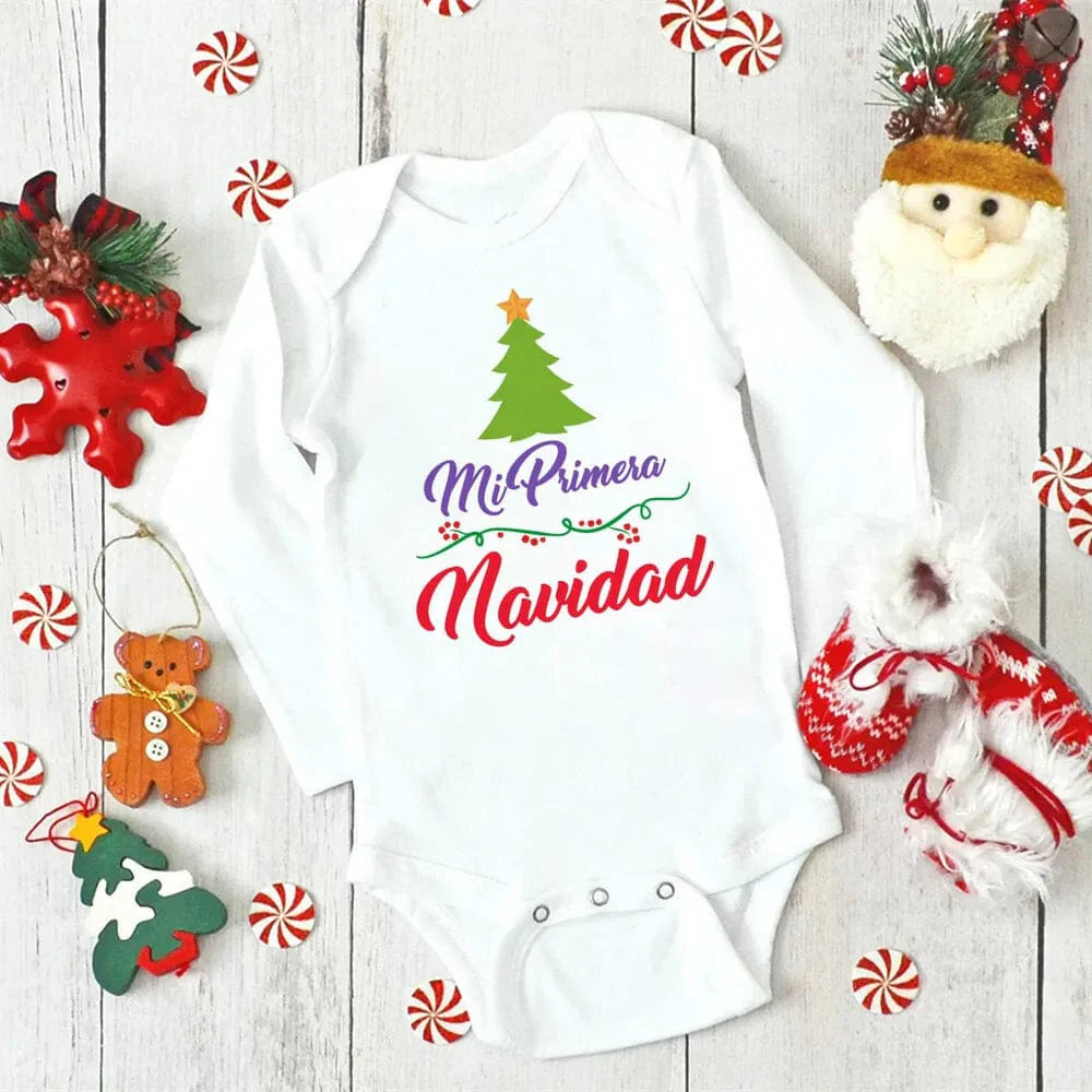 Unisex Meniscounter My First Christmas baby bodysuit with festive print, ideal for newborns and first Christmas celebrations.