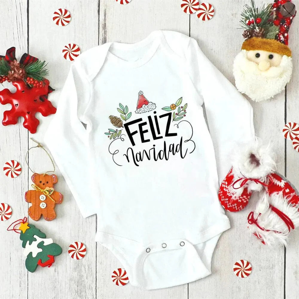 Unisex Meniscounter My First Christmas baby bodysuit with festive design, perfect for newborns' first Christmas celebration.