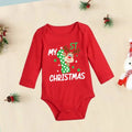 Red cotton Meniscounter My First Christmas baby bodysuit with festive design, perfect for newborns and toddlers during the holiday season.