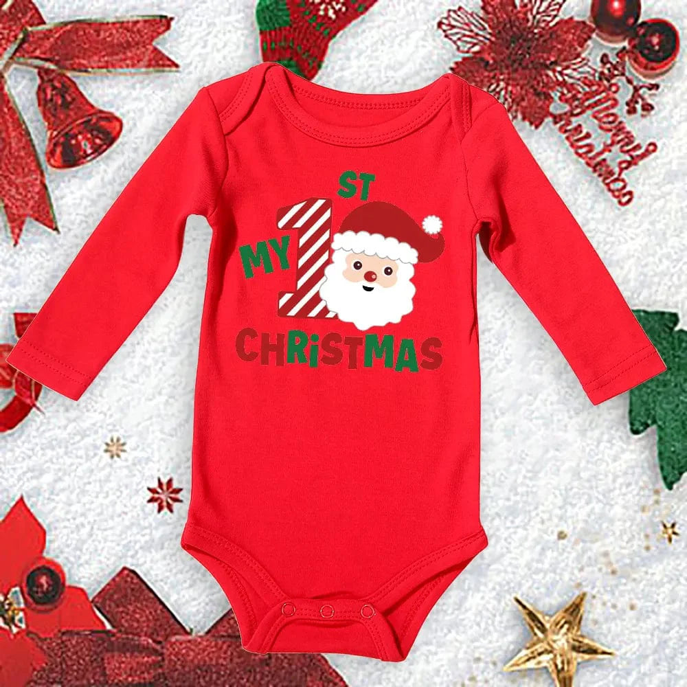 Red cotton Meniscounter My First Christmas baby bodysuit for newborns, featuring festive holiday design and long or short sleeves.