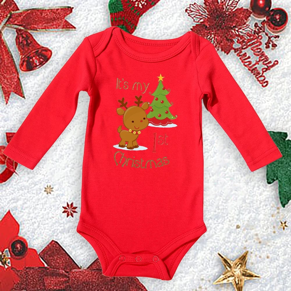 Red cotton Christmas baby bodysuit from Meniscounter, soft romper for newborns with festive holiday design.