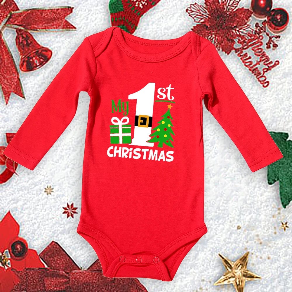 Showlu Fashion Store Meniscounter My First Christmas baby bodysuit in red, cotton romper for newborns and toddlers, festive holiday outfit.