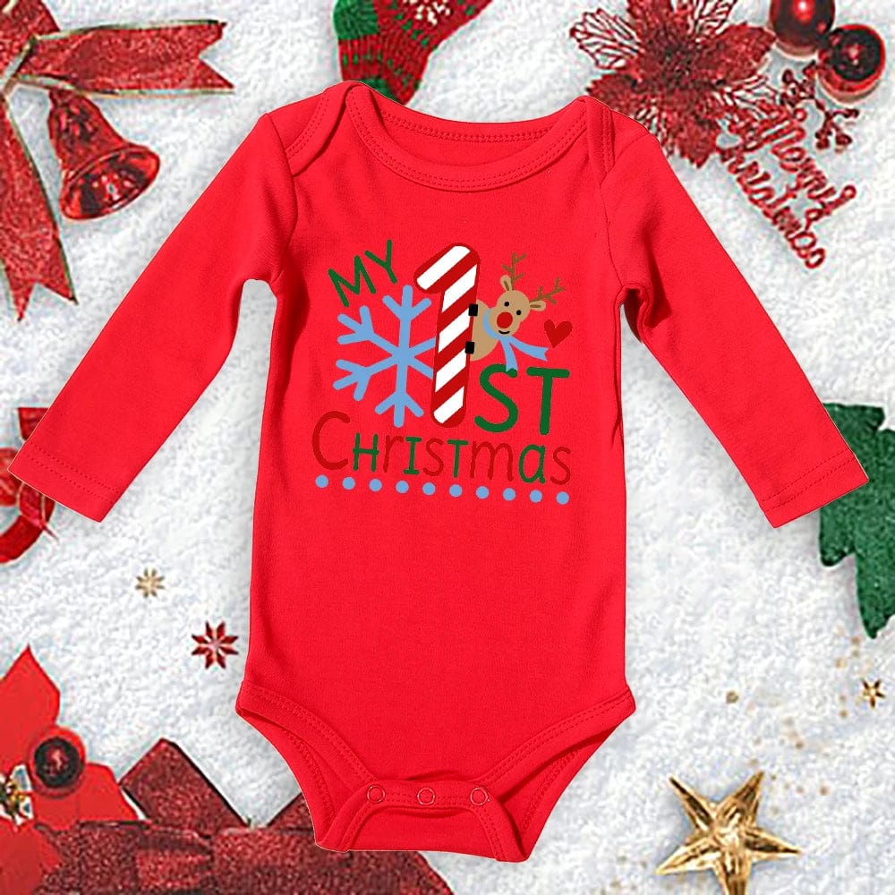 Red cotton Meniscounter My First Christmas baby bodysuit, adorable long-sleeve romper for newborns and toddlers, festive holiday outfit