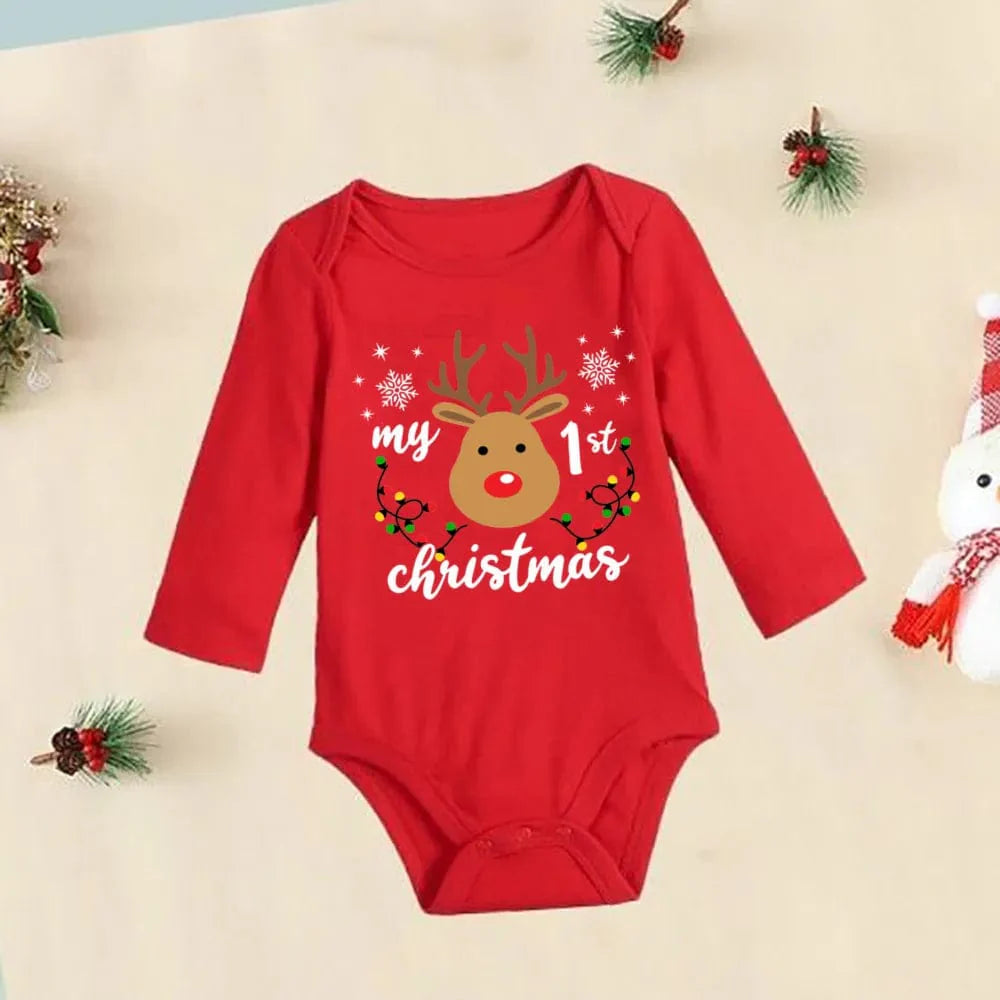 Red cotton My First Christmas baby bodysuit by Showlu Fashion Store, featuring festive holiday-themed design for infants.