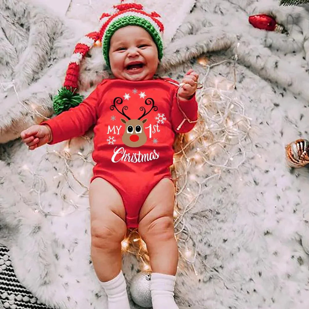 Red cotton Meniscounter My First Christmas baby bodysuit from Showlu Fashion Store, featuring festive holiday design for infants.