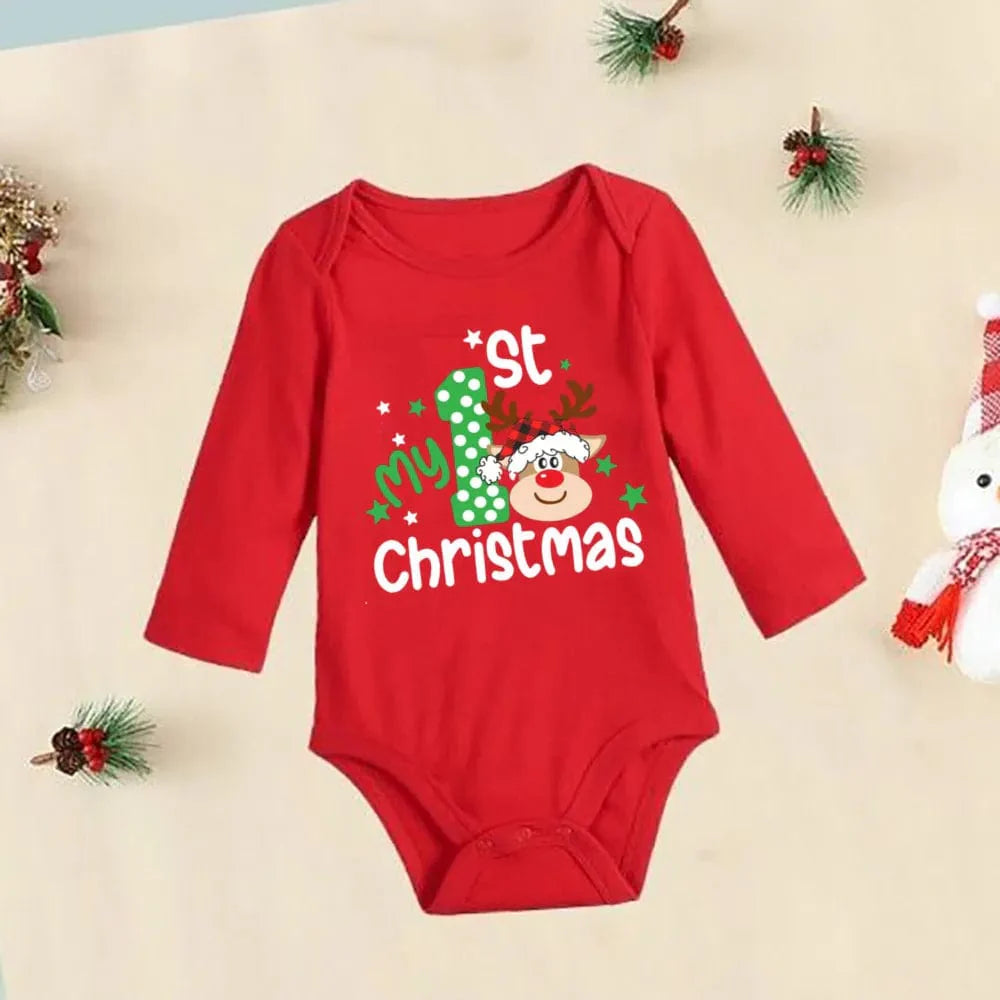 Red cotton baby bodysuit by Showlu Fashion Store, "My First Christmas" romper for newborns and toddlers, festive holiday outfit.