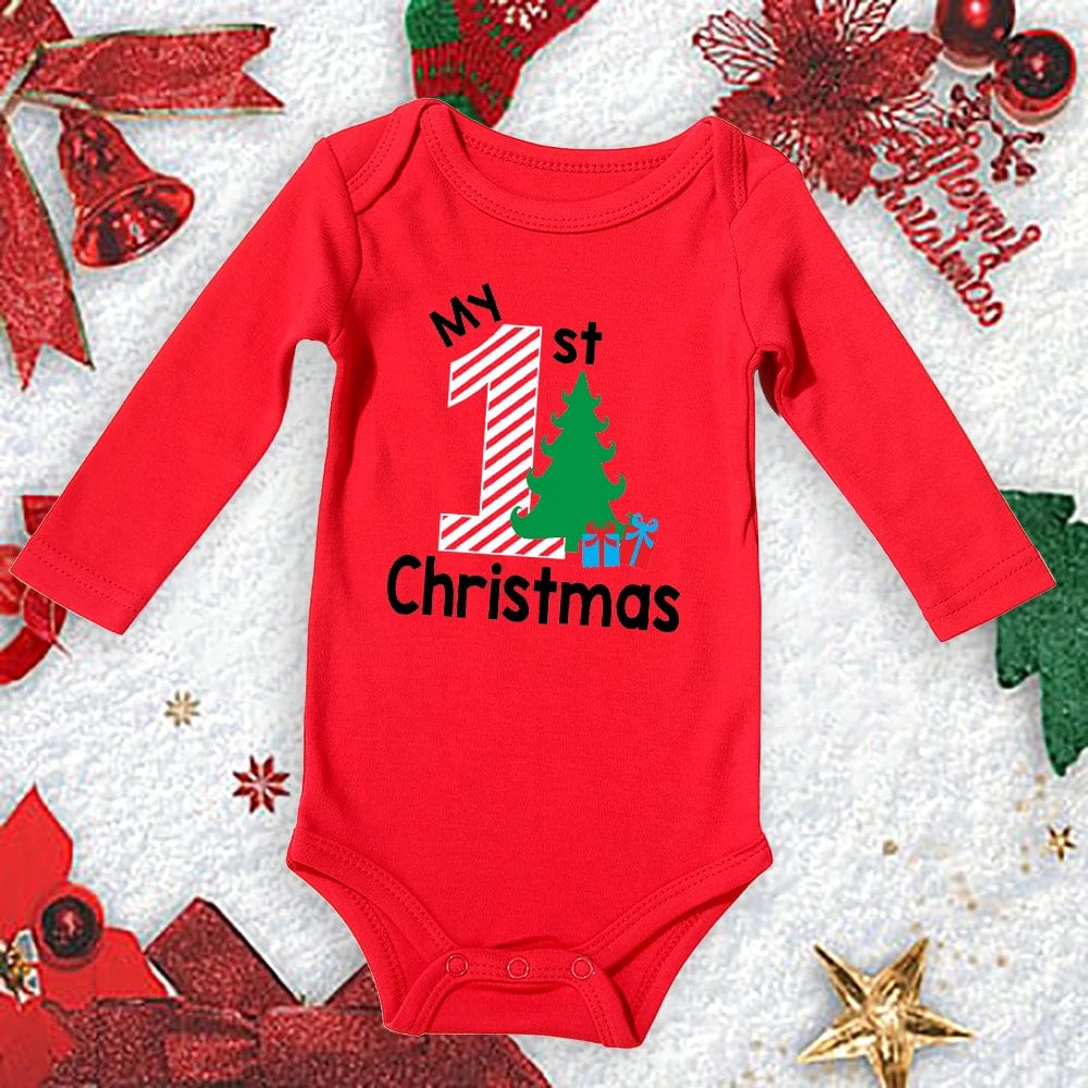 Red cotton baby bodysuit from Meniscounter My First Christmas collection, perfect for newborns and toddlers during holiday season.