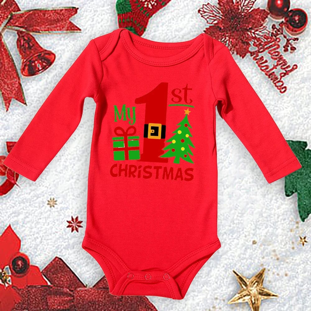 Red cotton Christmas baby bodysuit for boys, featuring "My First Christmas" print, perfect for newborns and toddlers.