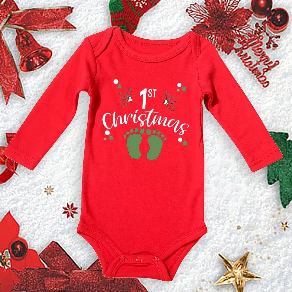Red cotton baby bodysuit from Meniscounter My First Christmas collection, featuring festive holiday design for newborns and toddlers.
