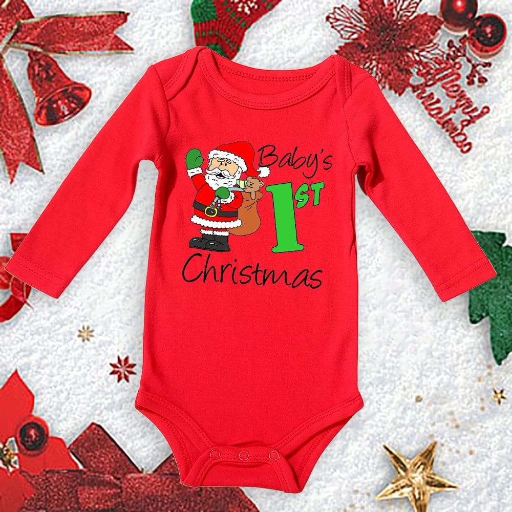 Red cotton baby bodysuit from Meniscounter My First Christmas collection, featuring festive design for newborns and toddlers.